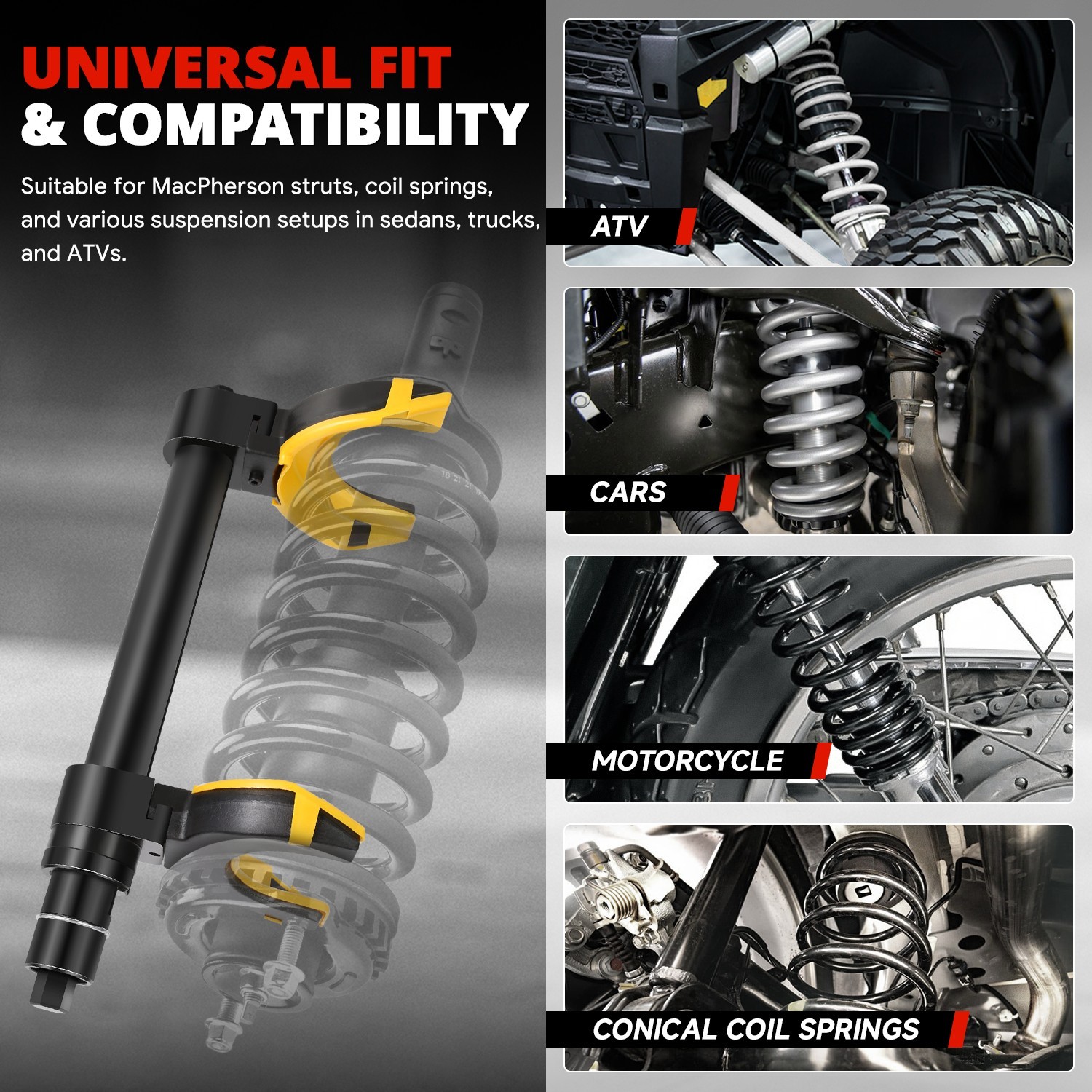 265mm 5512lbs Spring Compressor Tool w/3 Universal Adapters for Motorcycles SUVs