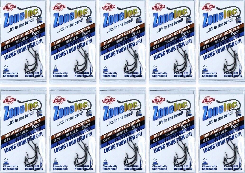 (10) Packs Zoneloc Drop Shot Octopus Fish Hooks Size 1/0 ZL700BN-1/0 Brand New
