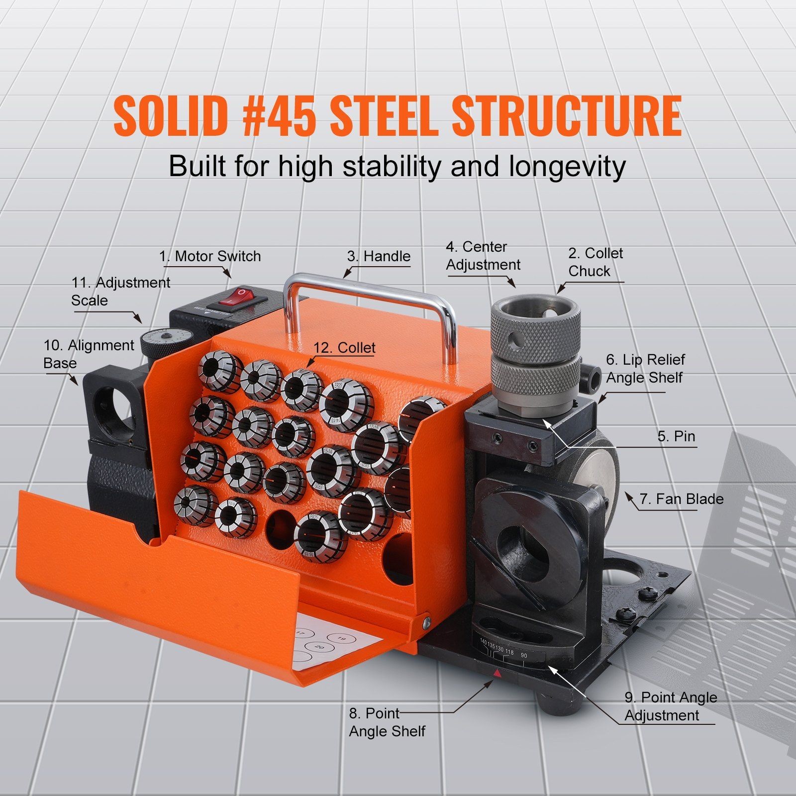 3-20mm Metal Drill Bit Sharpener and 18 Collets Grinding Tool