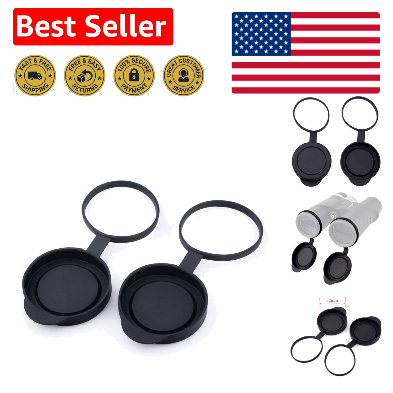 Dustproof & Waterproof Binocular Lens Caps for 52-54mm Outer Diameter
