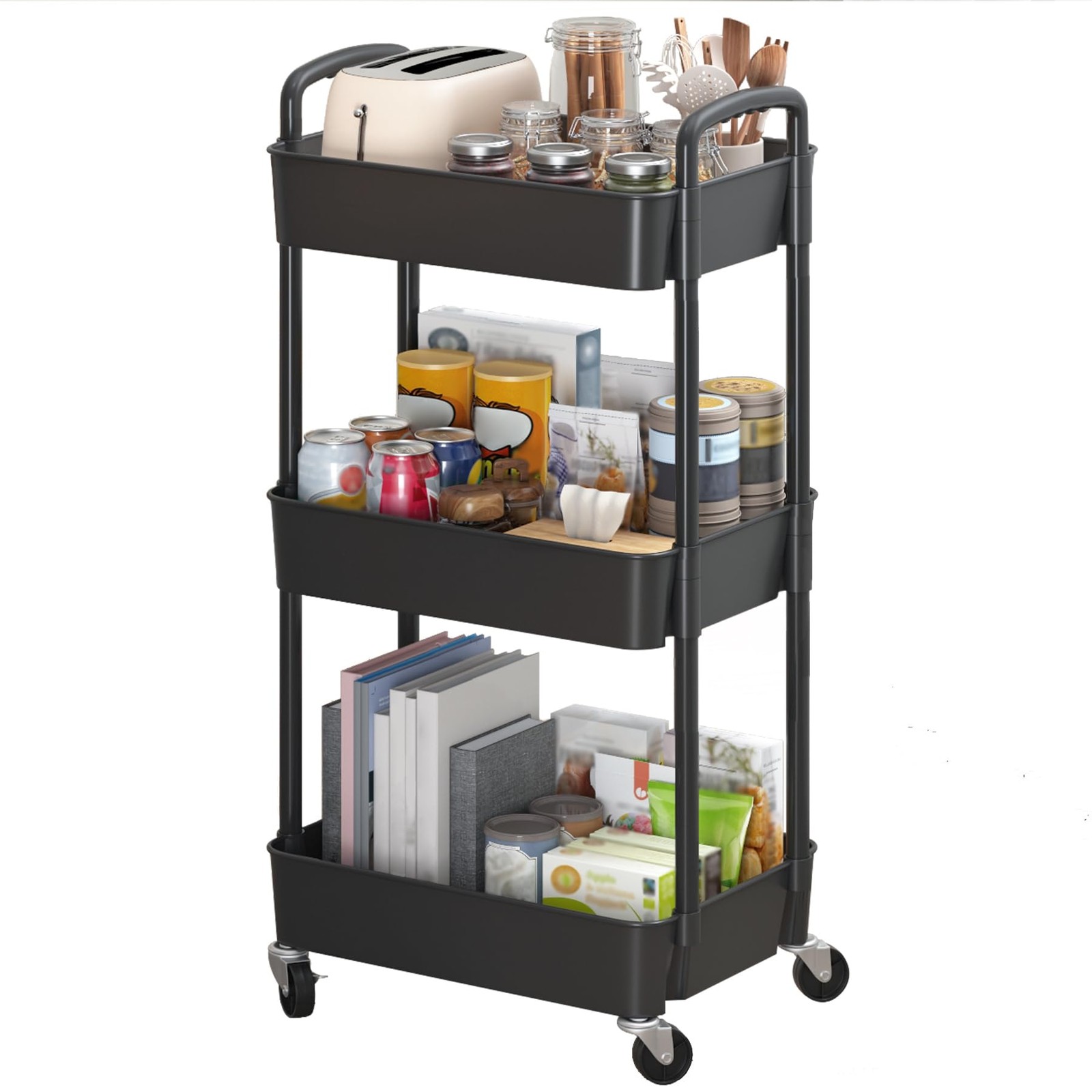 Carrito de Utilidad de Malla 3 Niveles con Ruedas Organizador De Metal Con Mango
