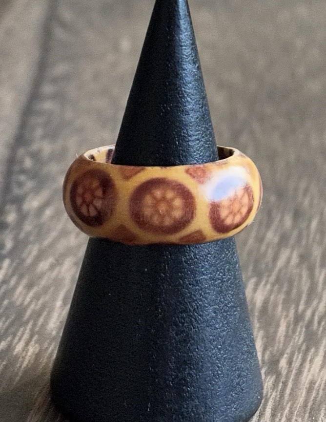 Handmade Wooden Circular Tribal-Style Pattern Cigar Band Ring Size 5