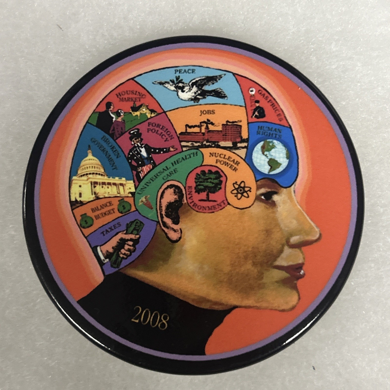 Hillary Clinton Brain 2008   3” pinback button pin