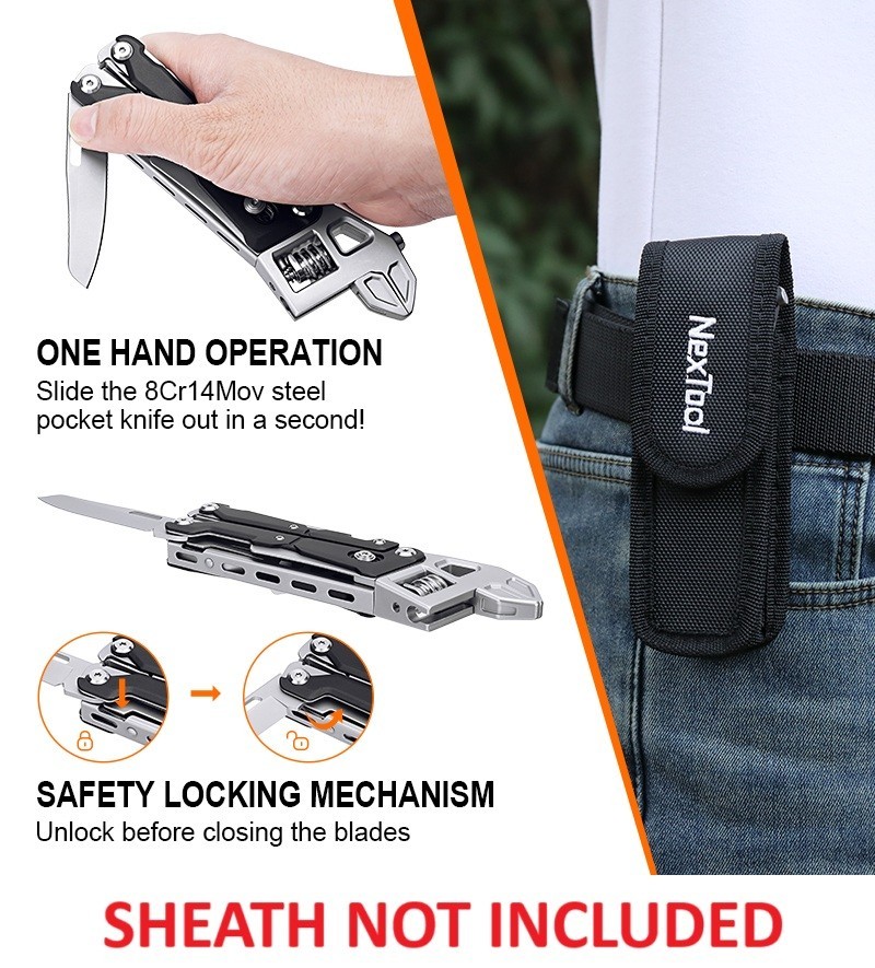NexTool Adjustable Wrench Multitool w/Pouch Essential Tools Stainless Handles