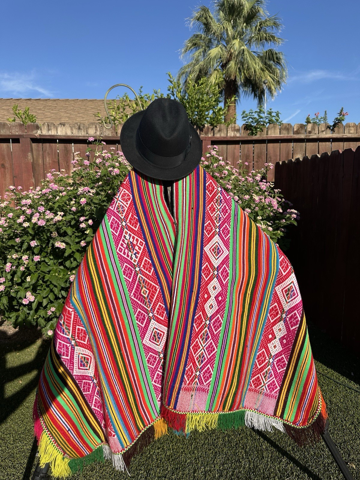 Large Peruvian Shaman wool Poncho Andean Mountain Ceremony - multicolor