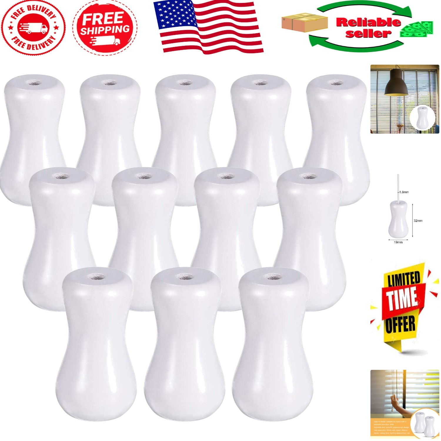 12 Decorative White Blind Pull Cord Knobs - Modern Wood Tassels, Easy Install