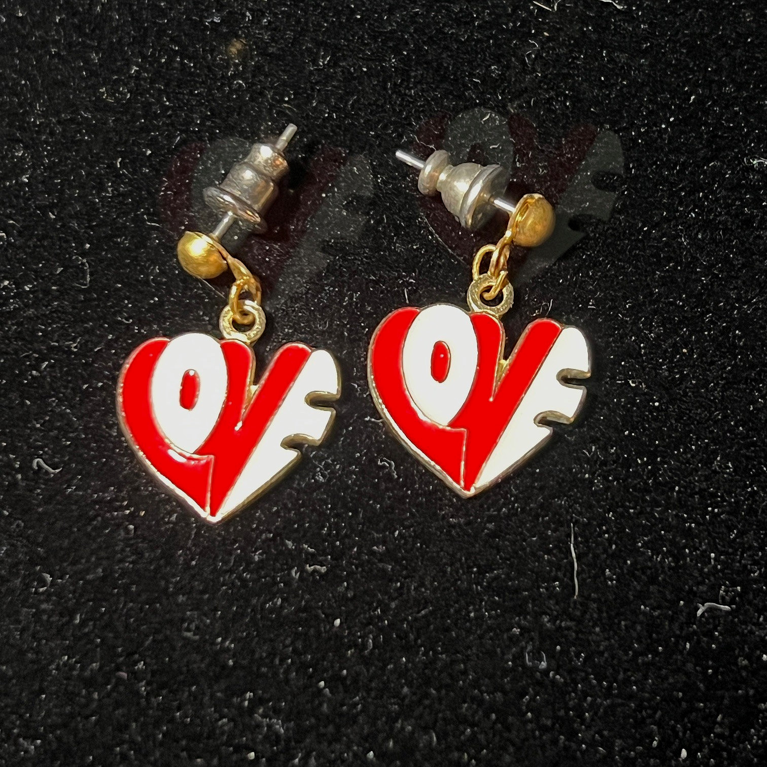 Vtg Brass & Enamel "LOVE" Heart Earrings Pierced Dangle Red & White 1" x .6"