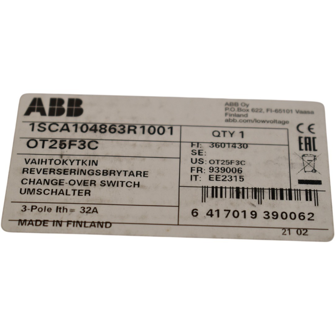 NEW ABB OT25F3C Load Switch 3-Pin 25A with Black Toggle Handle I-0-II 1SCA104863