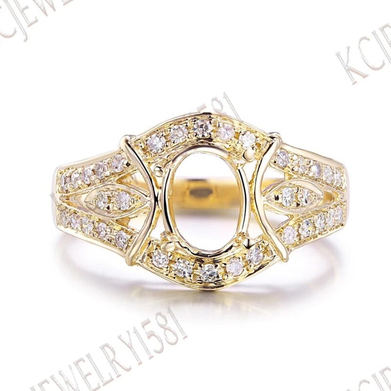 7x5mm Oval Semi Mount Ring 925 Silver Yellow Gold Vintage Halo Split Shank Ring