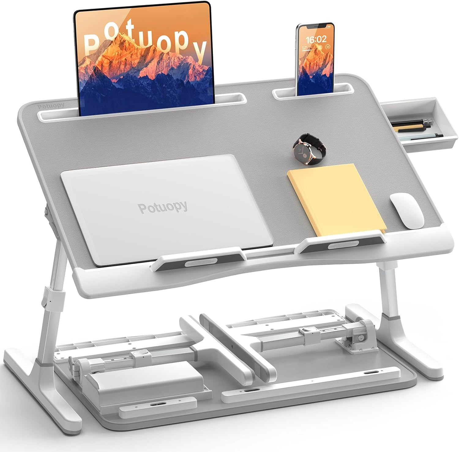 Adjustable Laptop Stand for Bed with Drawer - X-Large Folding Tray, Grey