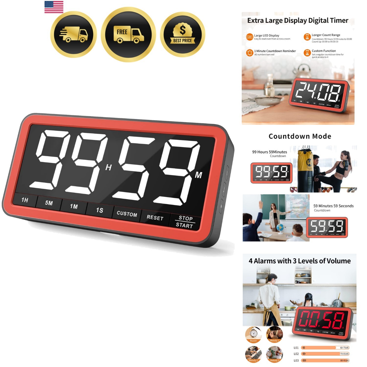 Digital Kitchen Timer with 7.8” Extra Large Display, Magnetic LED, with 3 Bri...