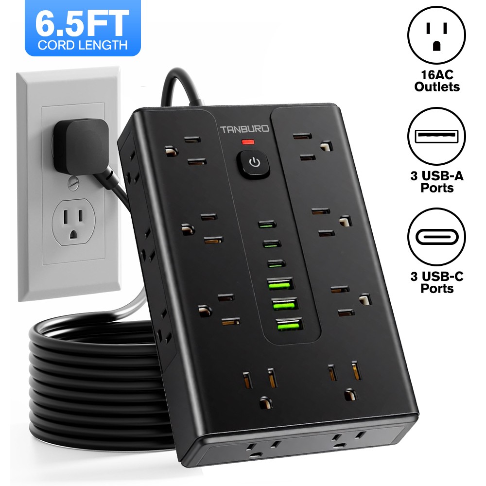 Flat Plug Power Strip with 16 Outlet Extension Cord USB Port Surge Protector