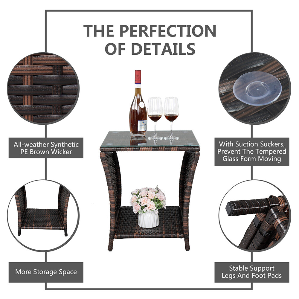 Patio Wicker Side Coffee Table Bistro Glass Table Outdoor End Table with Storage