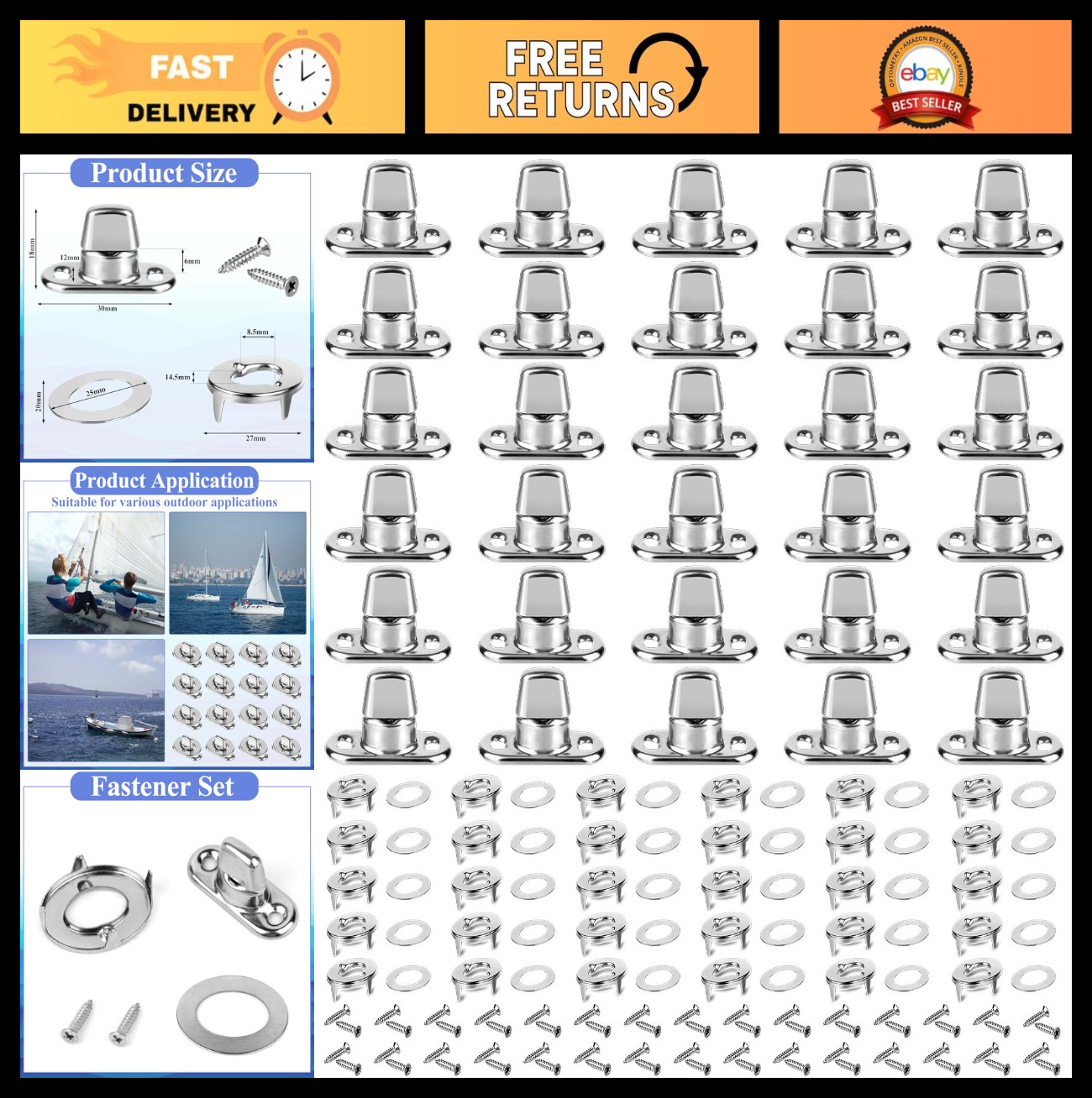 30-Piece Twist Lock Fasteners Set - Eyelet, Stud & Mounting Screws for Canvas, M