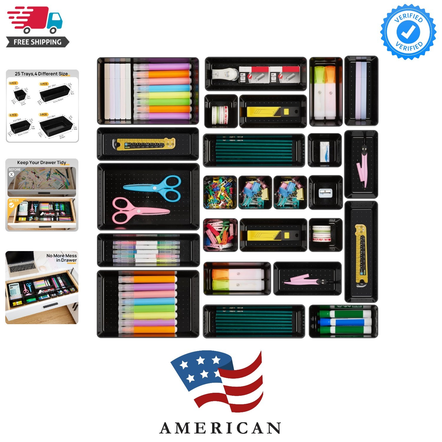 25 PCS Office Desk Drawer Organizers Set, 4-Size Versatile Plastic Drawer Org...