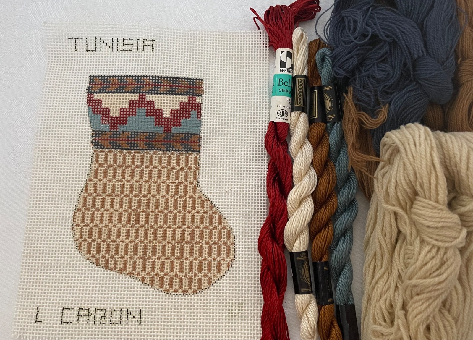 LOIS / L CARON Hand Painted Needlepoint Canvas + Fibers - TUNISIA Mini Stocking