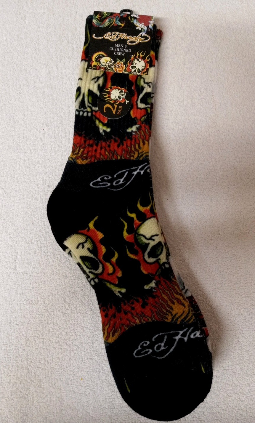 Ed Hardy 2 Pack Designer Cushioned Crew Socks Sz 6-12