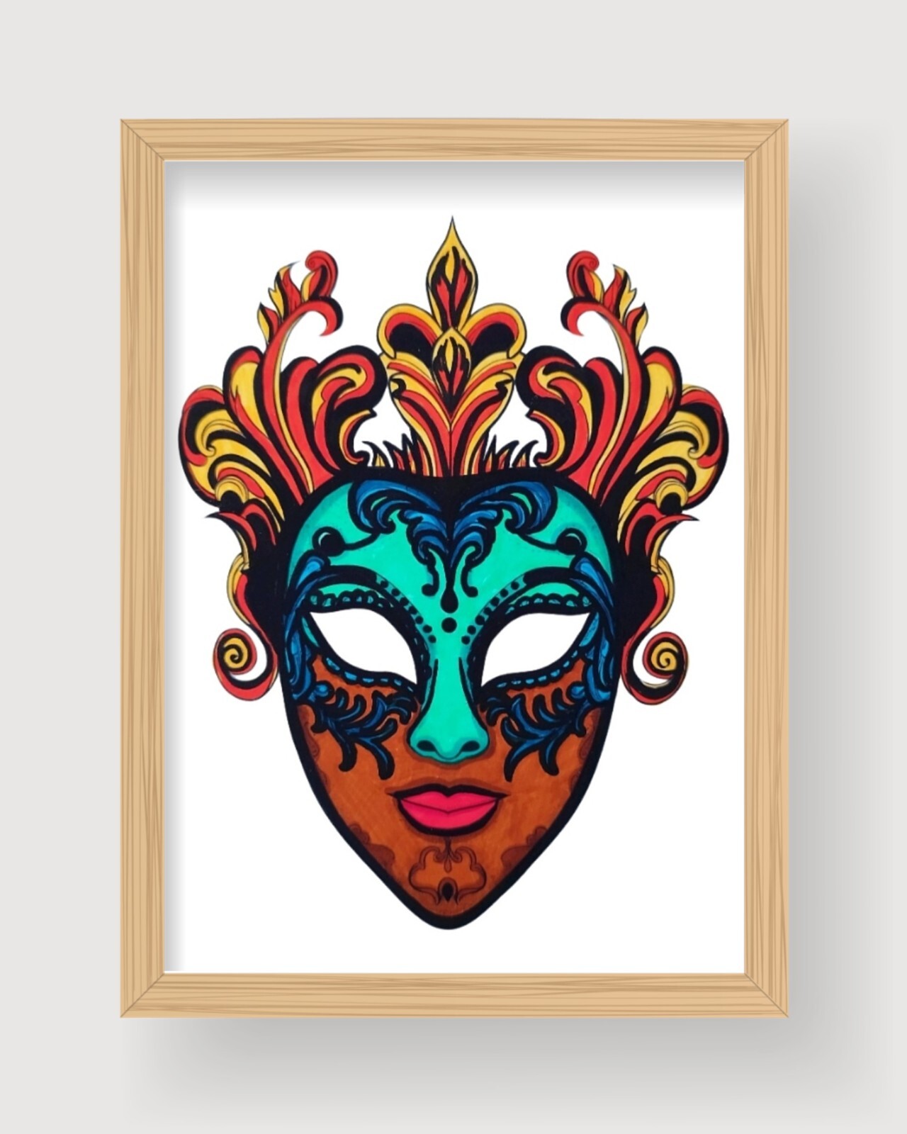 Carnival Mask Drawing Unframed Hand-Colored