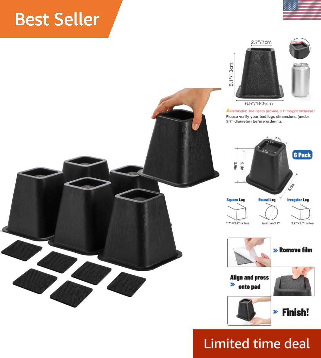 Universal Fit 6-Inch Furniture Risers – Support Up to 2200 lbs, Space Savers