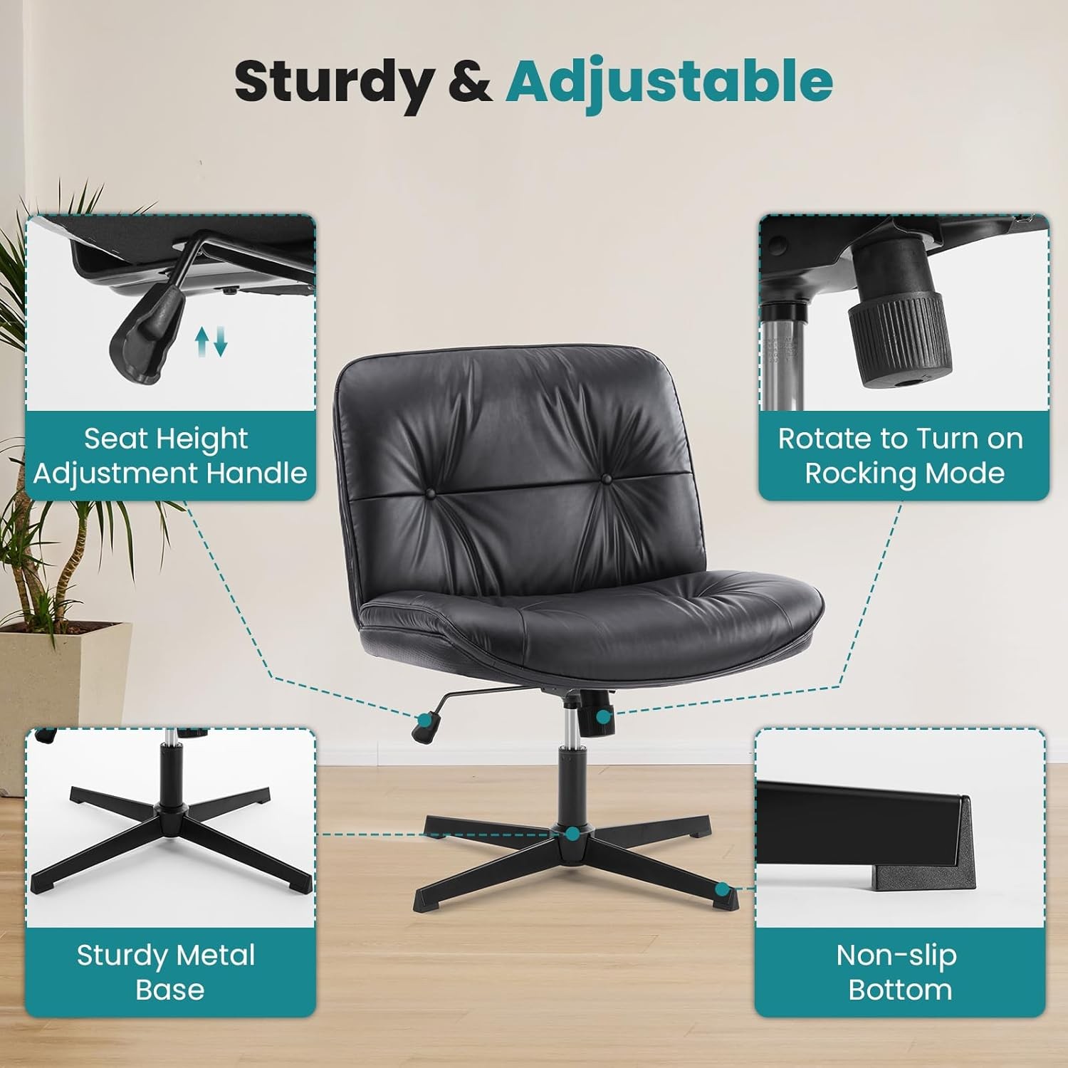Armless Criss Cross Office Chair Wide PU Leather Swivel Black No Wheels