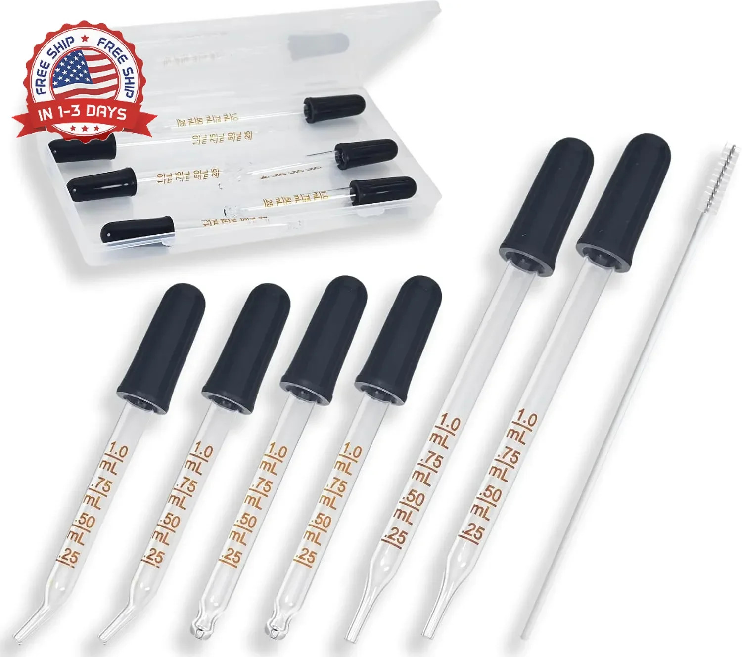 6 Pack Glass Pipette Dropper with Brush - Bent & Straight Tips, 1 ml Eye Dropper