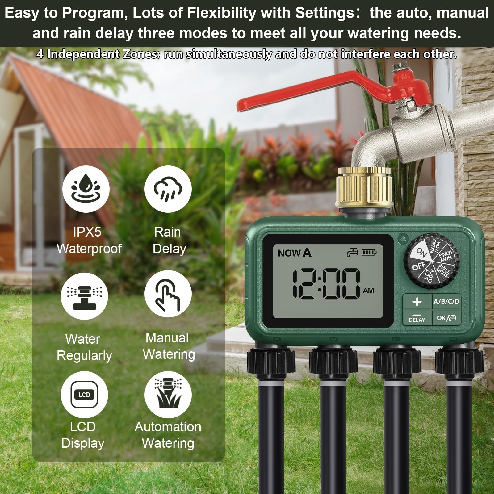 Water Timer with 4 Outlet for Garden Lawn– Programmable Irrigation Controller