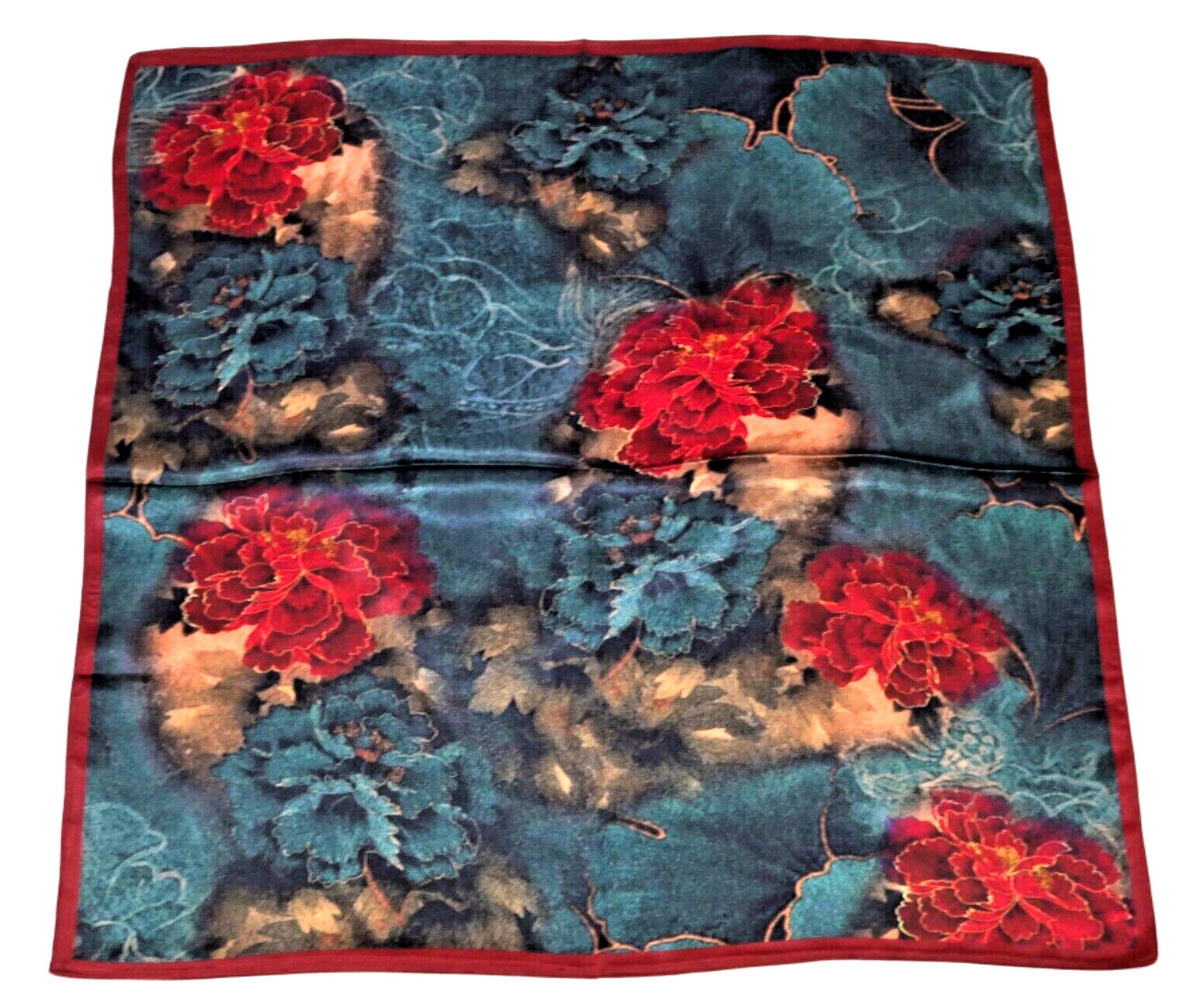 26"X26"Red Peony Print Pure Mulberry Satin Silk 12momme Scarf 65x65cm 6-24
