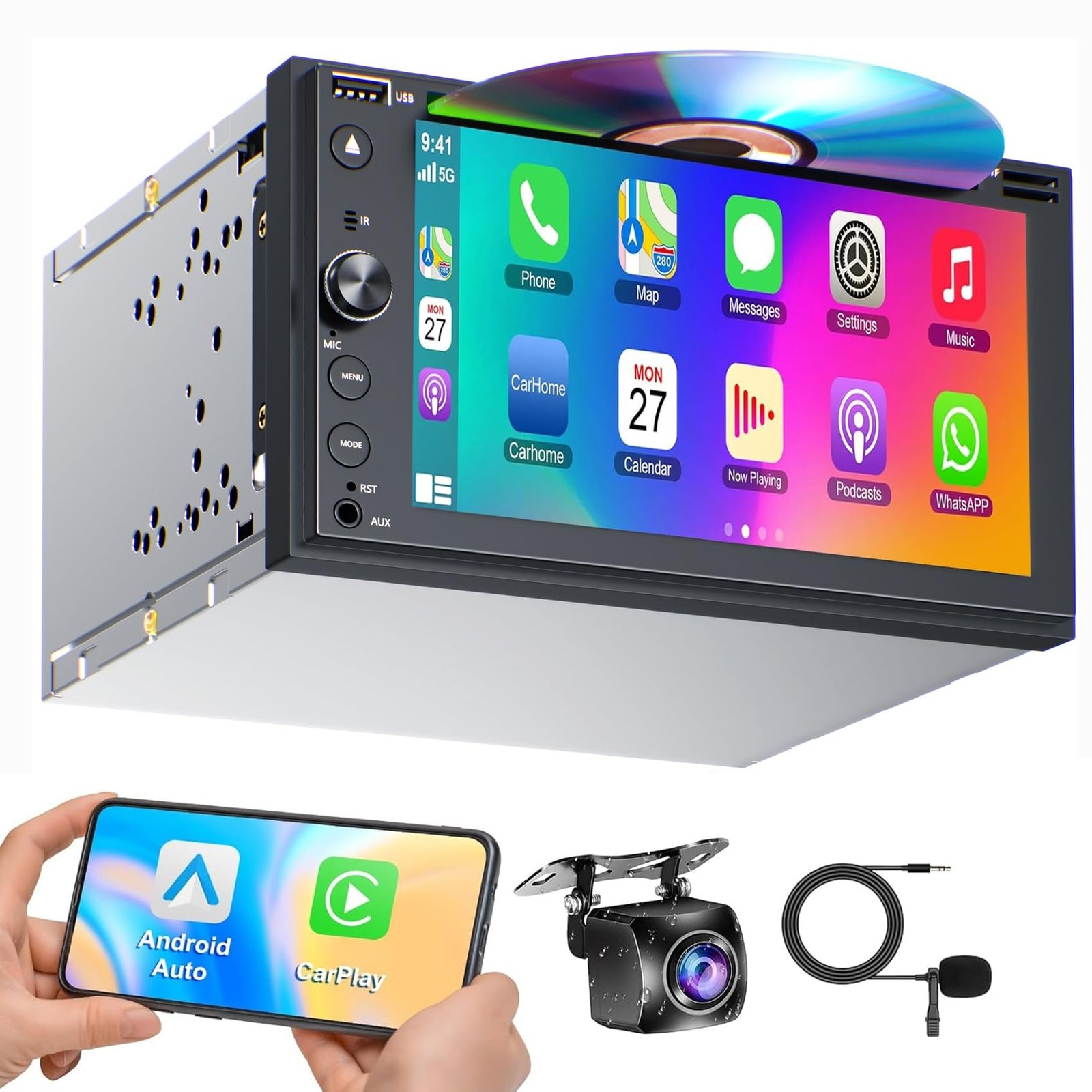 Double Din Car Stereo with CD/DVD Player Apple Carplay & Android Auto, 7 Inch...