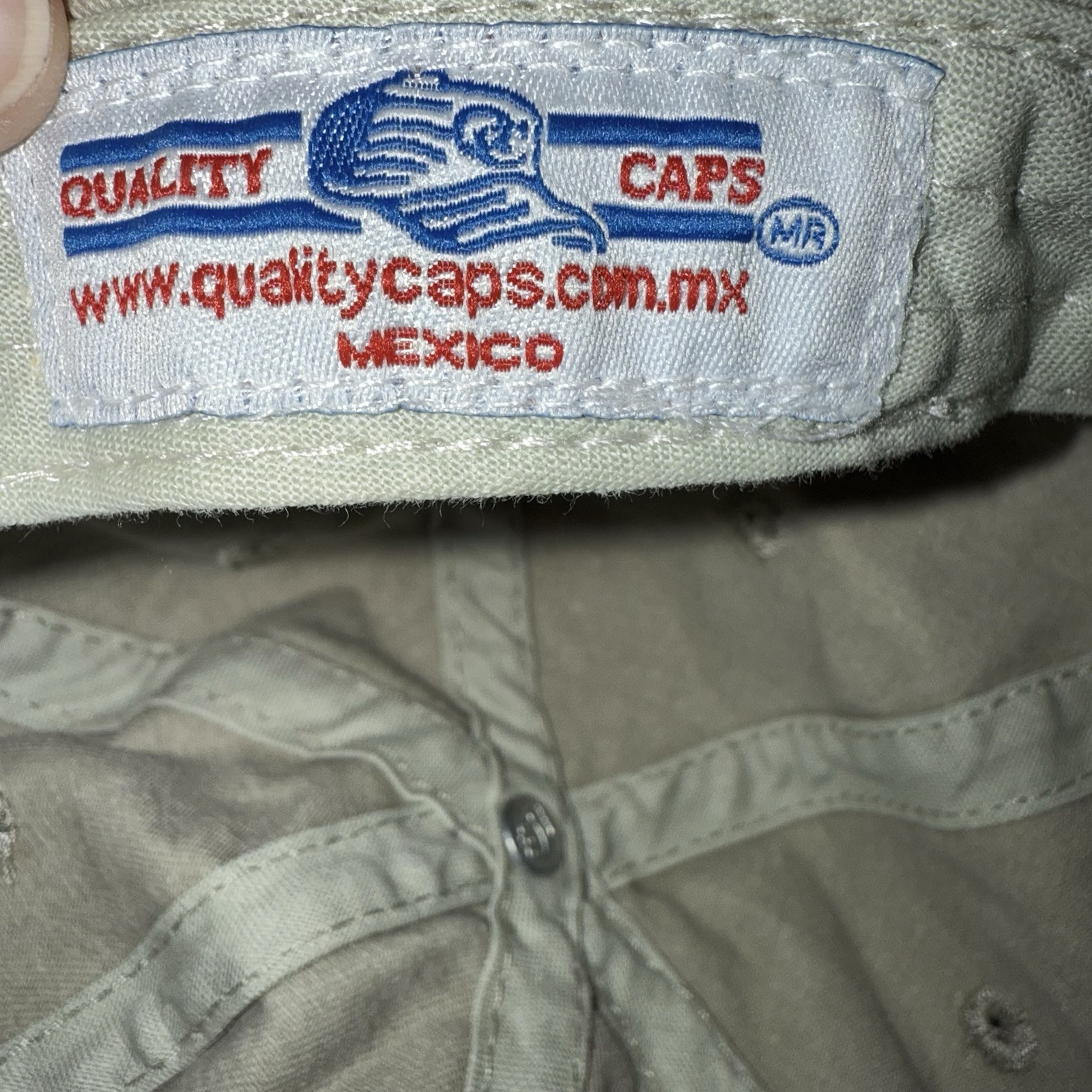 Cancun with Guy Logo in Gold on Tan Cotton Hat Cap Hook Loop EUC