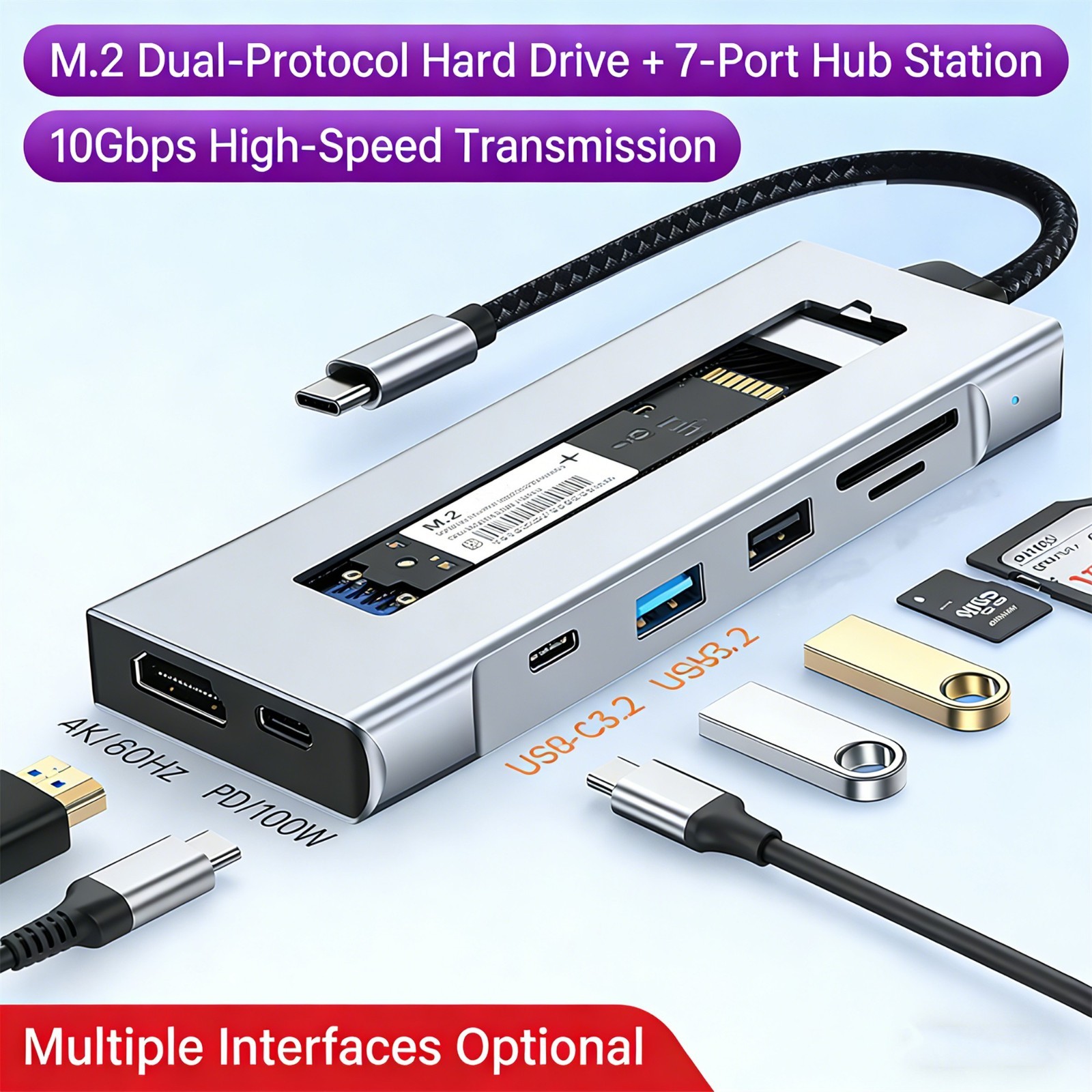 8-in-1 USB C Hub with M.2 SSD Enclosure, 100W PD, 4K HDMI, 10Gbps, for Laptop