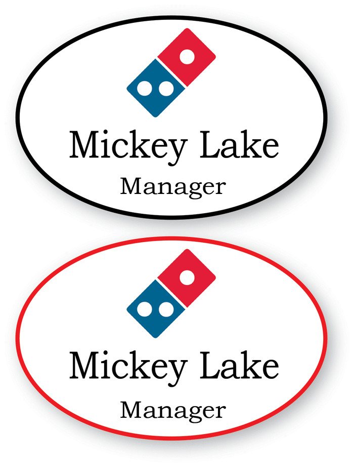 2 WHITE OVAL DOMINOS PERSONALIZED NAME BADGES MAGNETIC BACK