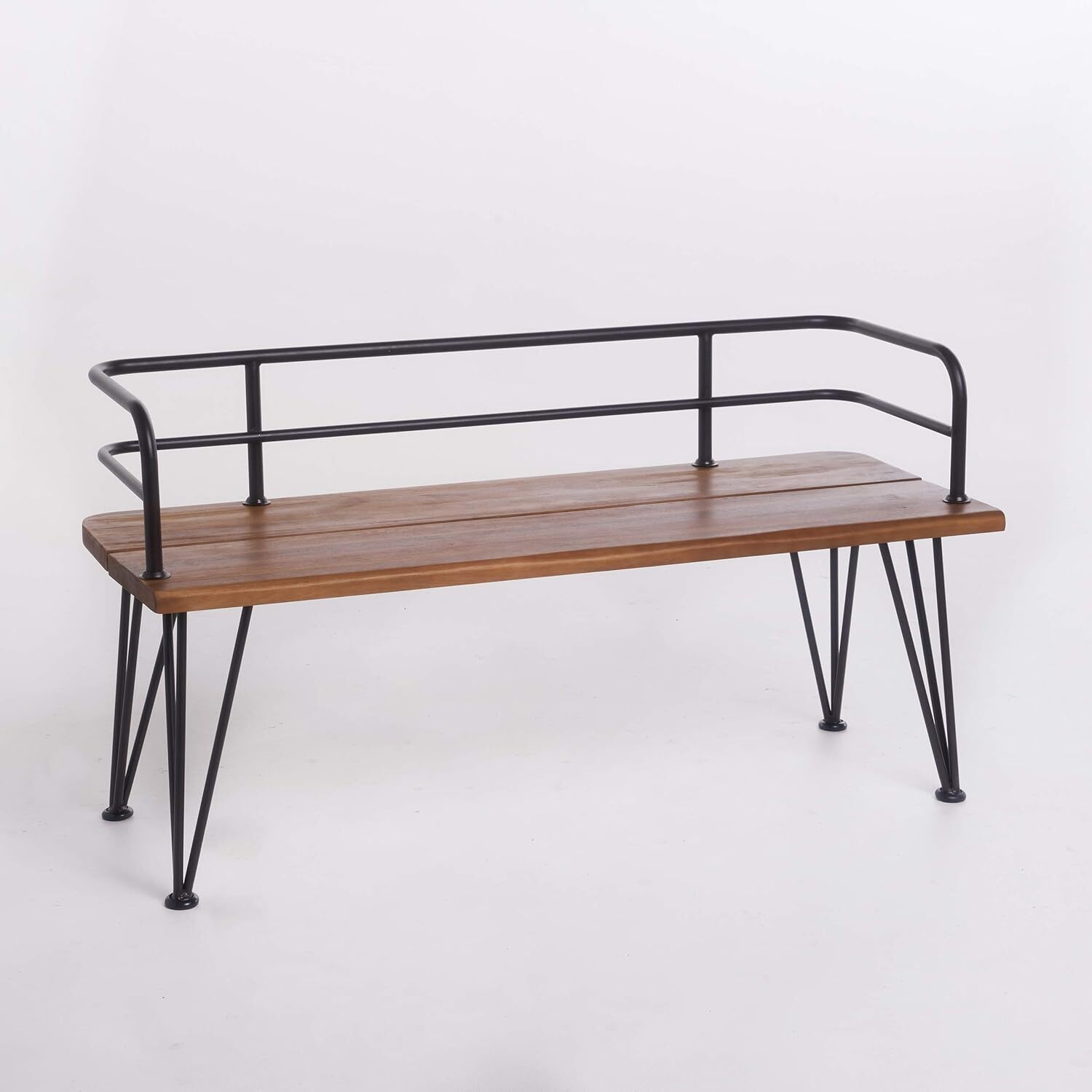 Lastoro Outdoor Industrial Rustic Iron and Acacia Wood Bench, Teak Finish
