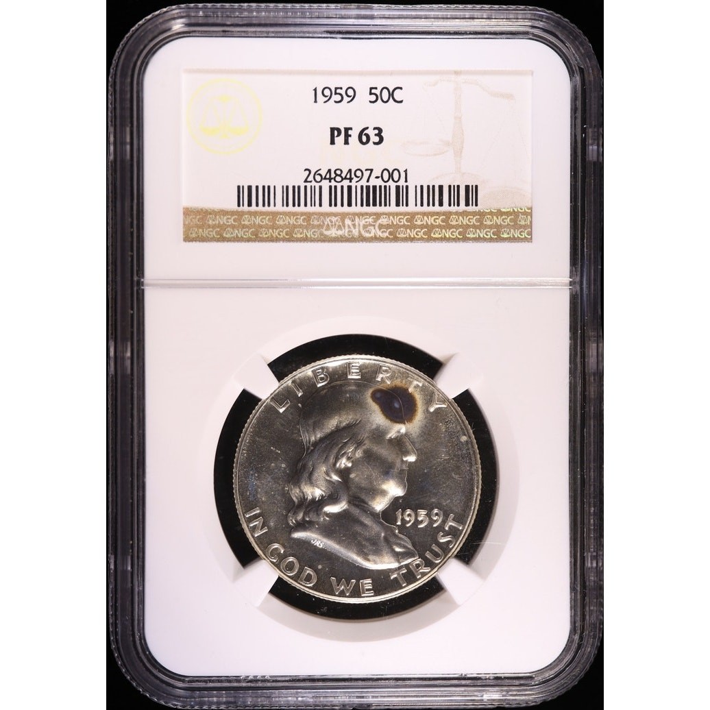 1959 Franklin Half Dollar NGC PF63 Proof Silver Coin Toning Spot 50C