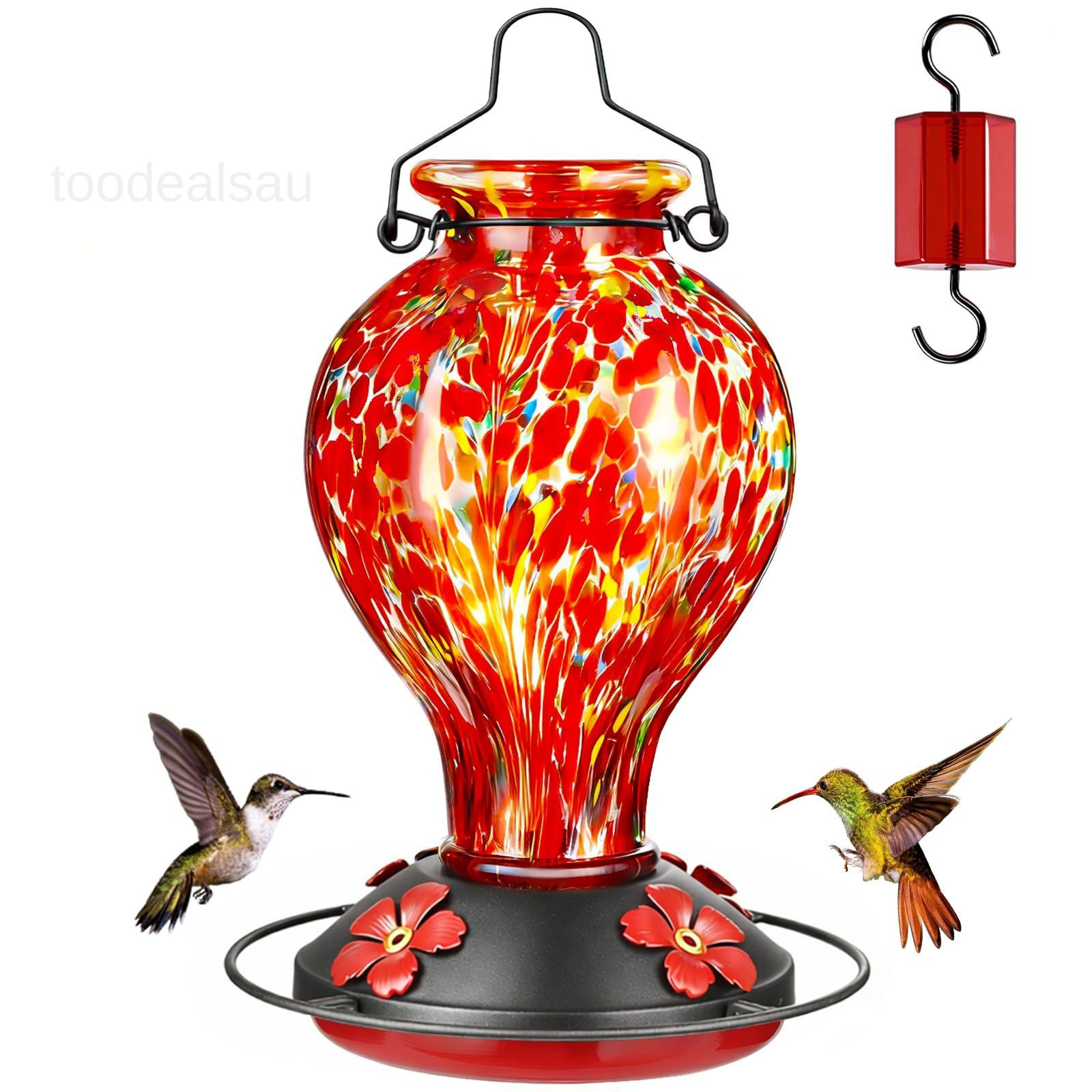 Hand Blown Glass Hummingbird Feeders for Outdoors Red Polka Dots