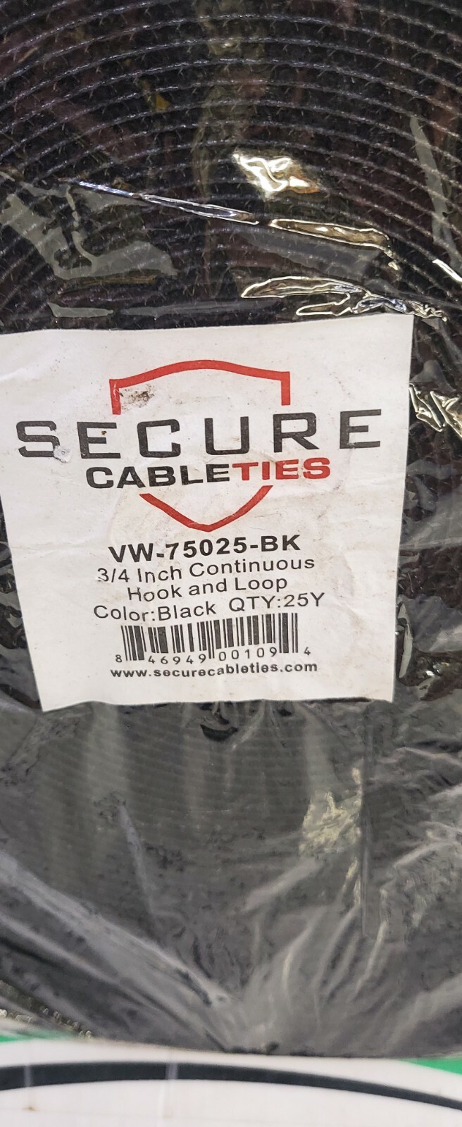 Secure Cable Ties Hook And Loop Continuous 3/4" × 25 Yards Black