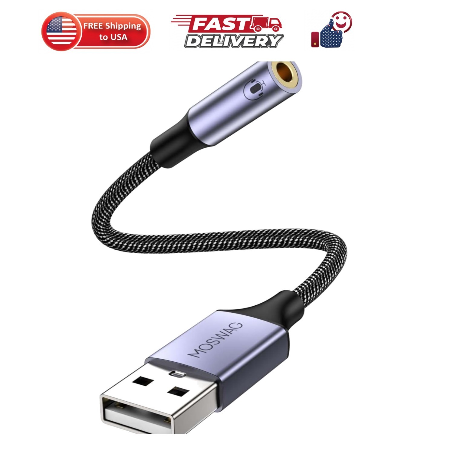 USB to 3.5mm Jack Audio Adapter 0.65Feet/20cm, External Sound Card Support Mi...