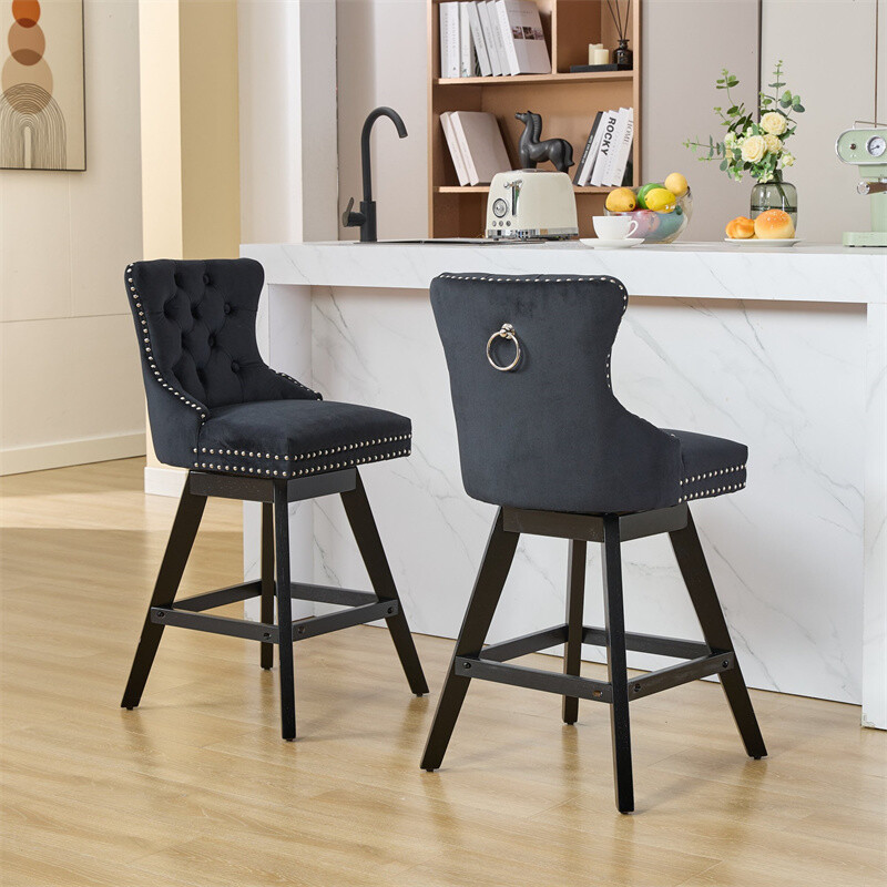 Set of 2 Swivel Velvet Barstools w/Button Tufted Decoration & Wooden Legs Black