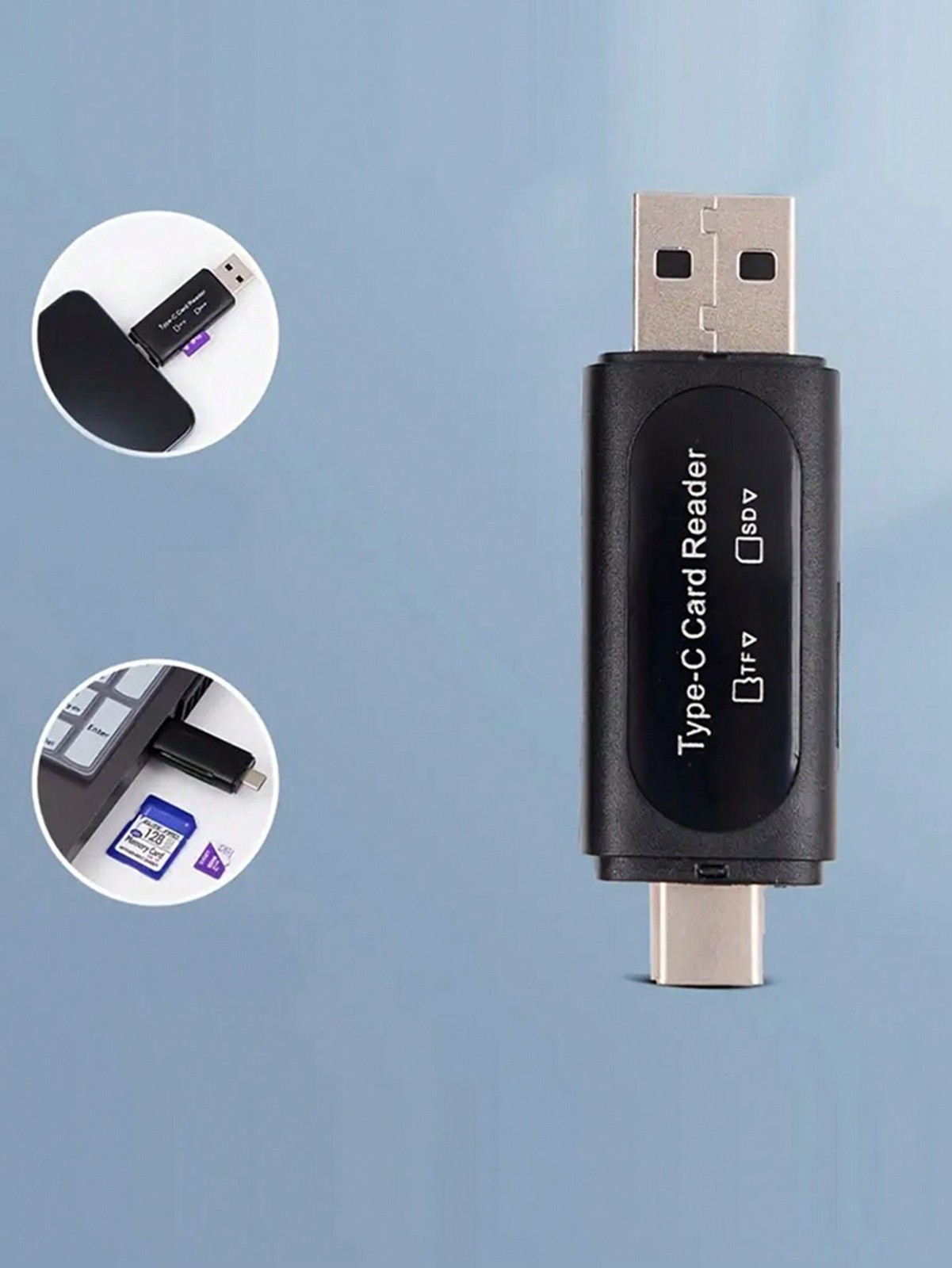 Black 4-In-1 USB Type-C Card Reader For SD MicroSD SDXC SDHC