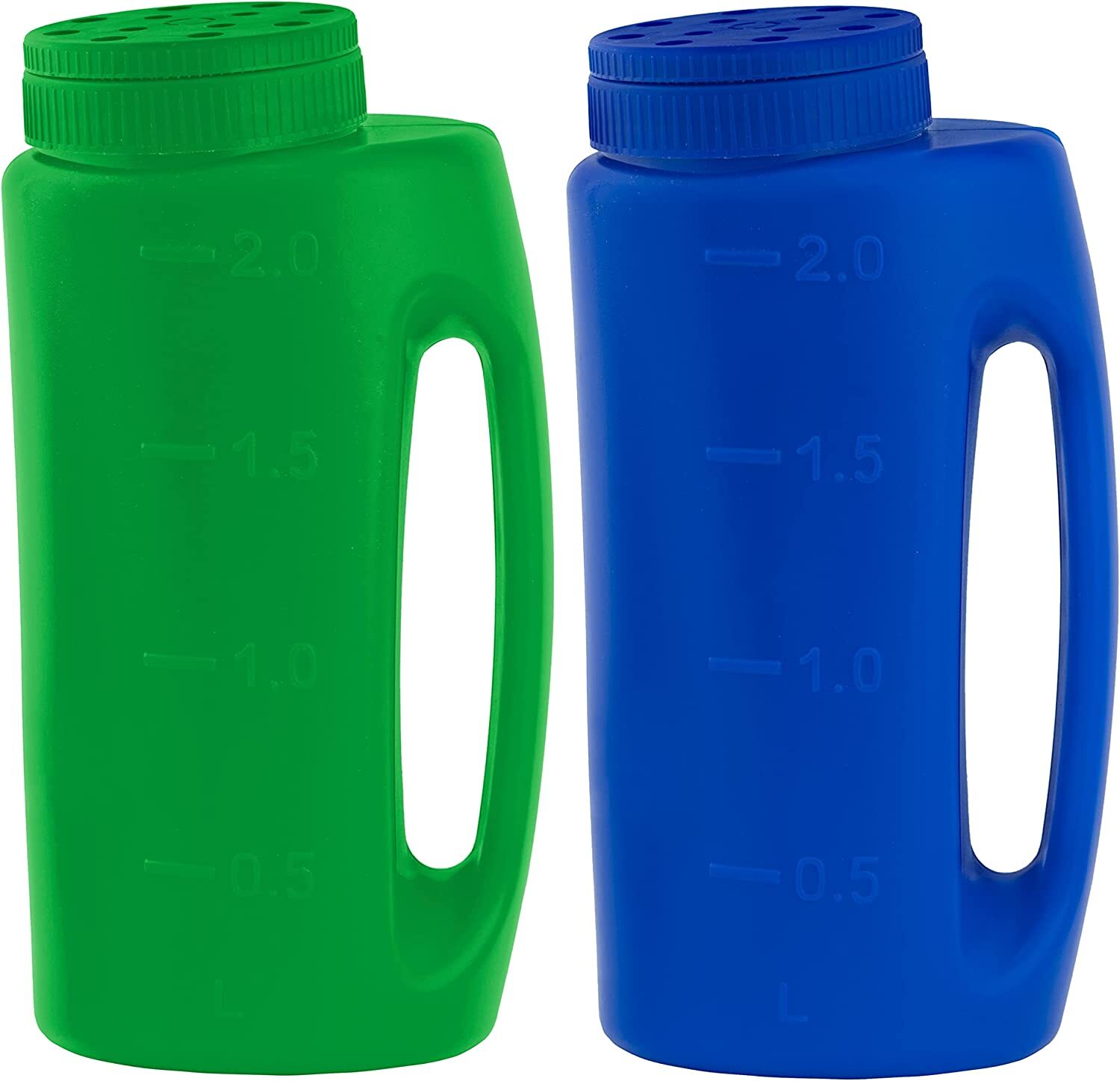 Salt, Seed, & Fertilizer Spreader,  2 Pc Handheld Shaker, 2 Liter Blue & Green