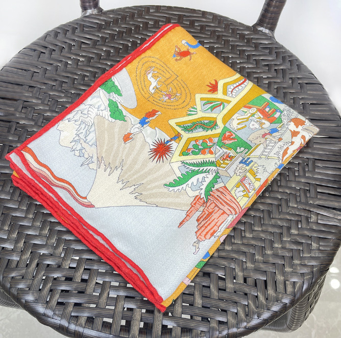 70% Cashmere 30% Silk Scarf Shawl 90X90cm Wrap Yellow street Print Double Face