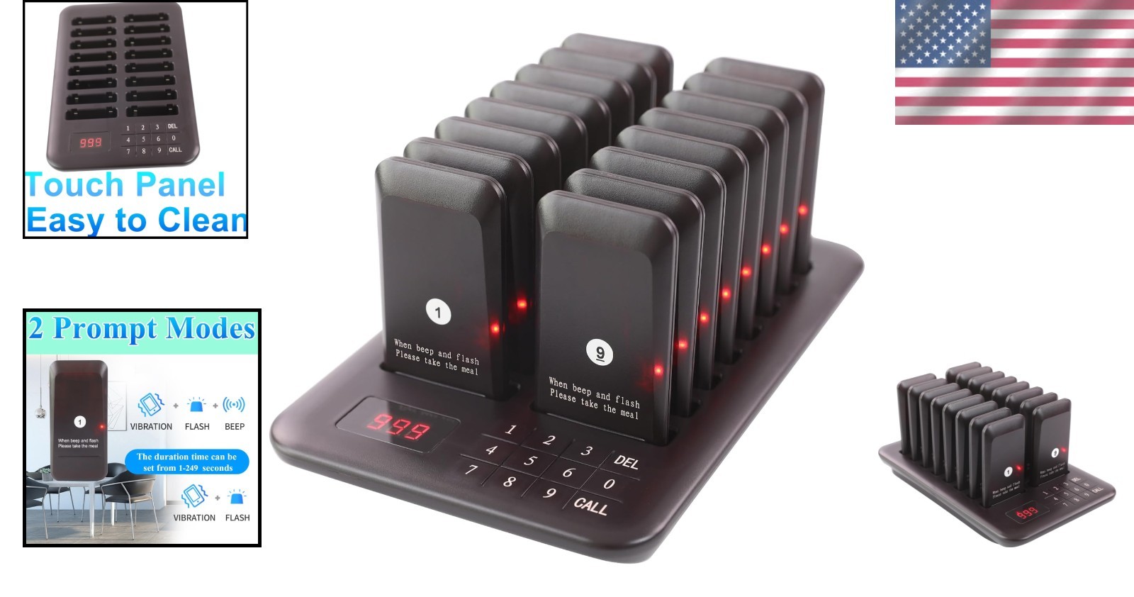 Restaurant Wireless Paging System with Long Range 984 Feet & Rechargeable Pagers