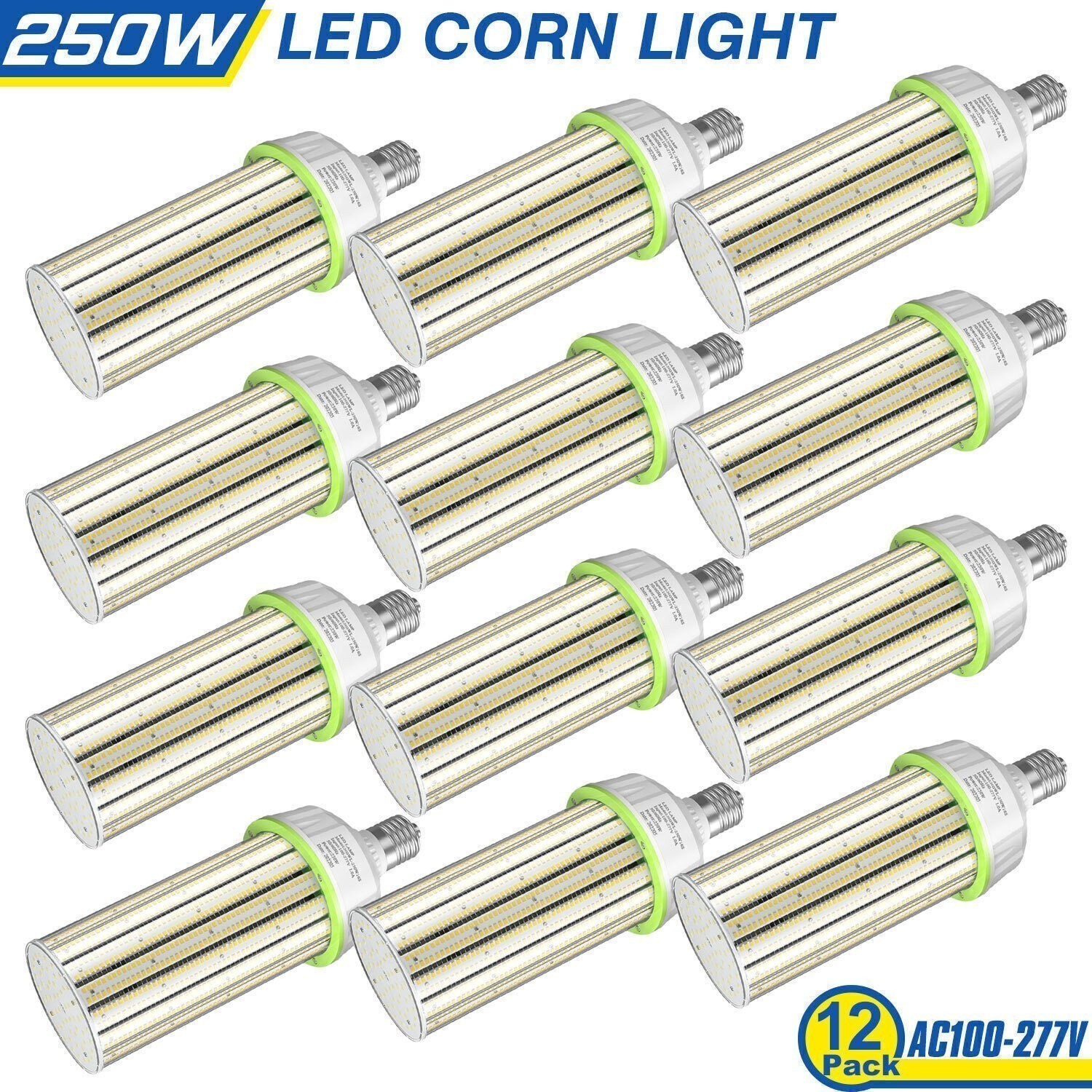 12Pack 250W LED Corn Light Bulb 5000K E39 Base, Warehouse Workshop High Bay Lamp
