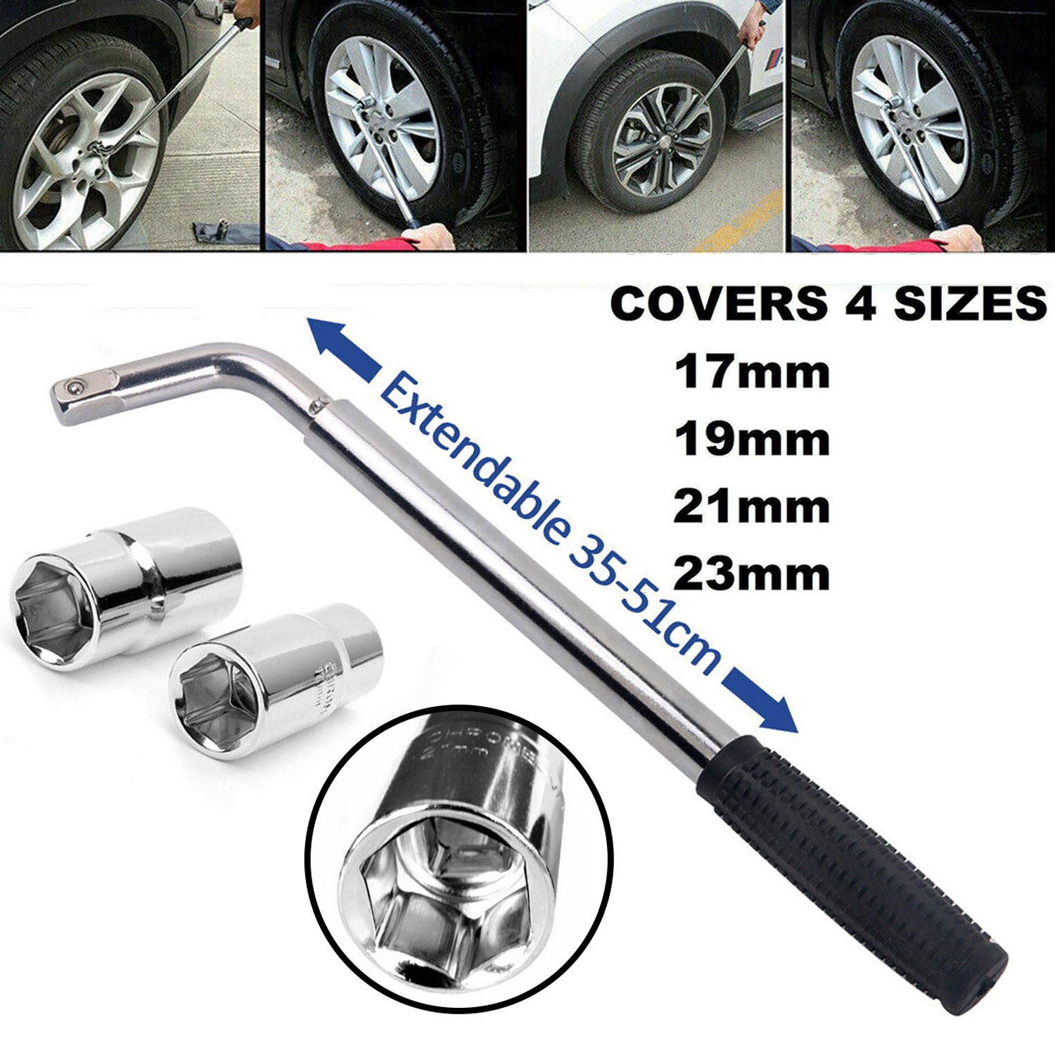 Extendable Wheel Lug Nut Wrench 17/19/21/23MM Socket Car Tire Iron Garage Tools