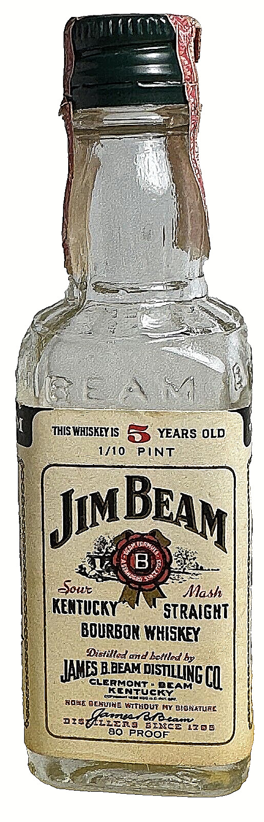 Jim Beam Sour Mash ~ 1960s (1/10th Pint) Bottle & Stickers:  EMPTY ~ SHIPS FREE!