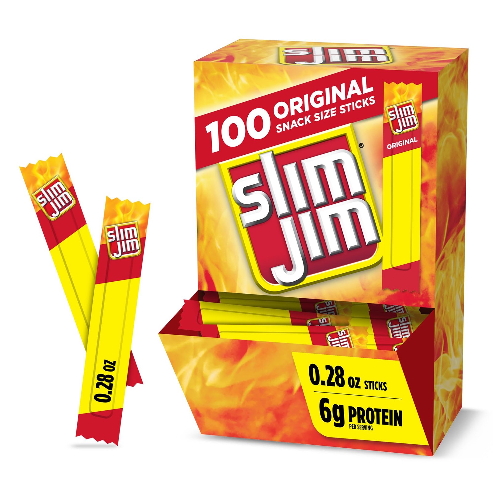 Slim Jim Smoked Meat Sticks, Original Flavor, 6g 0.28 Ounce (Pack of 100)