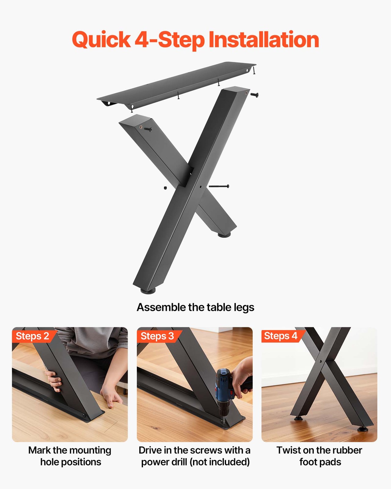 VEVOR Steel Table Legs 29.5 x 29.9 in X Frame 2204 lbs Heavy Duty Set of 2 Black