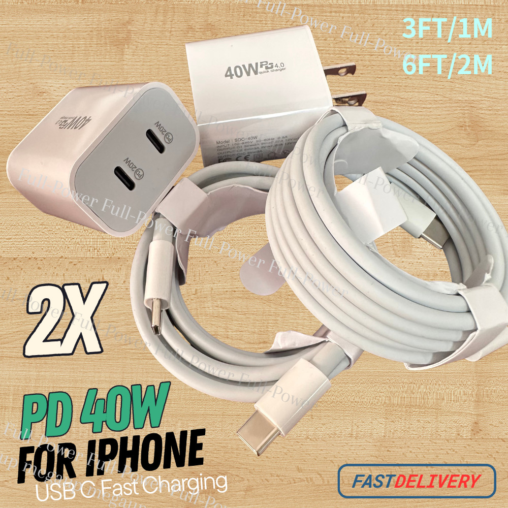 2Pack 40W Fast Charger Block PD Cable USB C For iPhone 17Air 16e 15 14 13 12 11