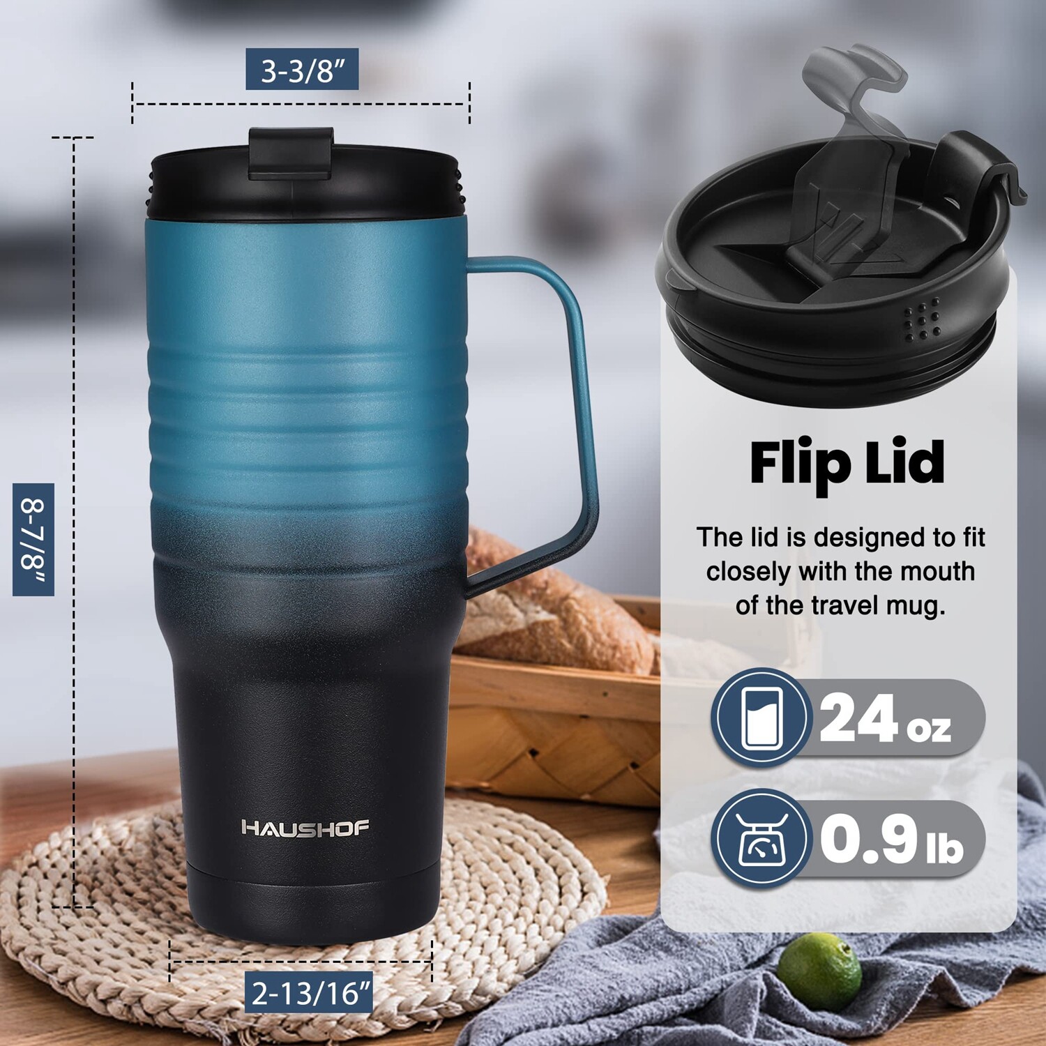 HAUSHOF 24 oz Travel Mug tainless Steel Vacuum Insulated Coffee Travel Mug USA