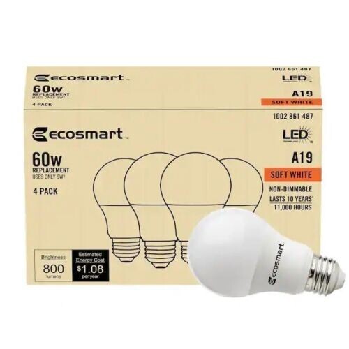 2 (4-Pack) EcoSmart 60-Watt A19 Non-Dimmable LED Light Bulb Soft White