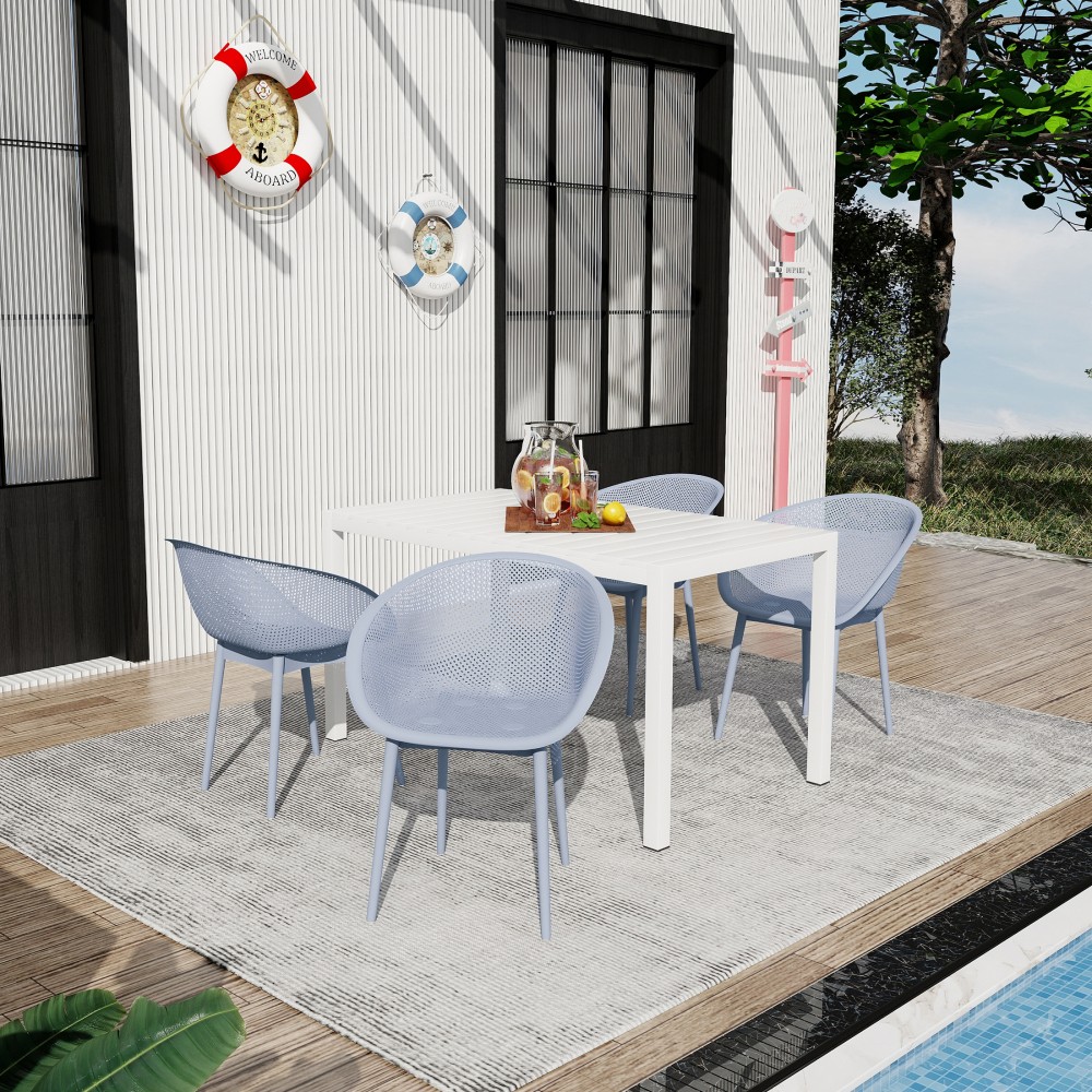 4 Light Blue Patio Chairs and 55in White Table with Umbrella Hole